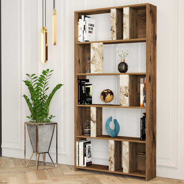 Polica za knjige Lima - Walnut, White Marble-Vasdom.hr