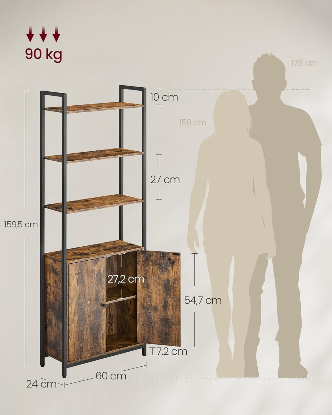 Polica za knjige na 6 razina, 24 x 60 x 159,5 cm, rustikalno smeđa i crna | VASAGLE-Vasdom.hr