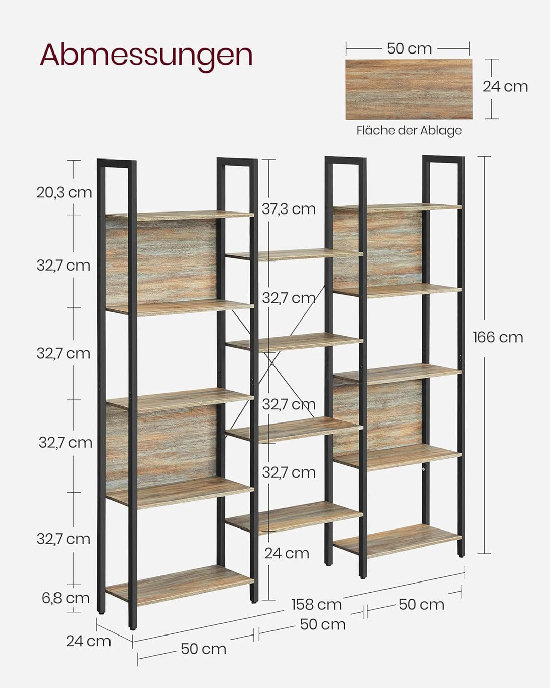 Polica za knjige s metalnim okvirom,24 x 158 x 166 cm, smeđe i crne boje | VASAGLE-Vasdom.hr