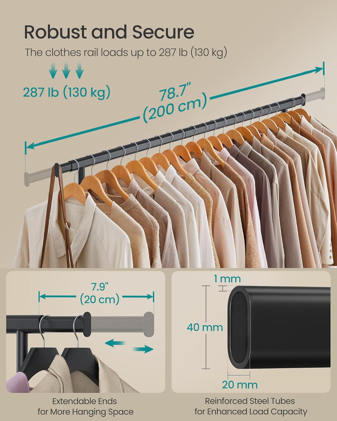 Proširivi stalak za odjeću nosivosti do 150kg, crne boje | SONGMICS-Vasdom.hr