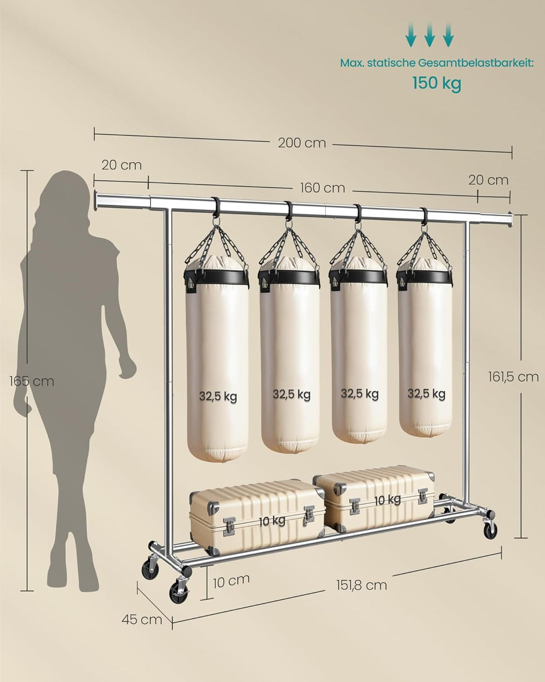Proširivi stalak za odjeću nosivosti do 150kg, srebrne boje | SONGMICS-Vasdom.hr