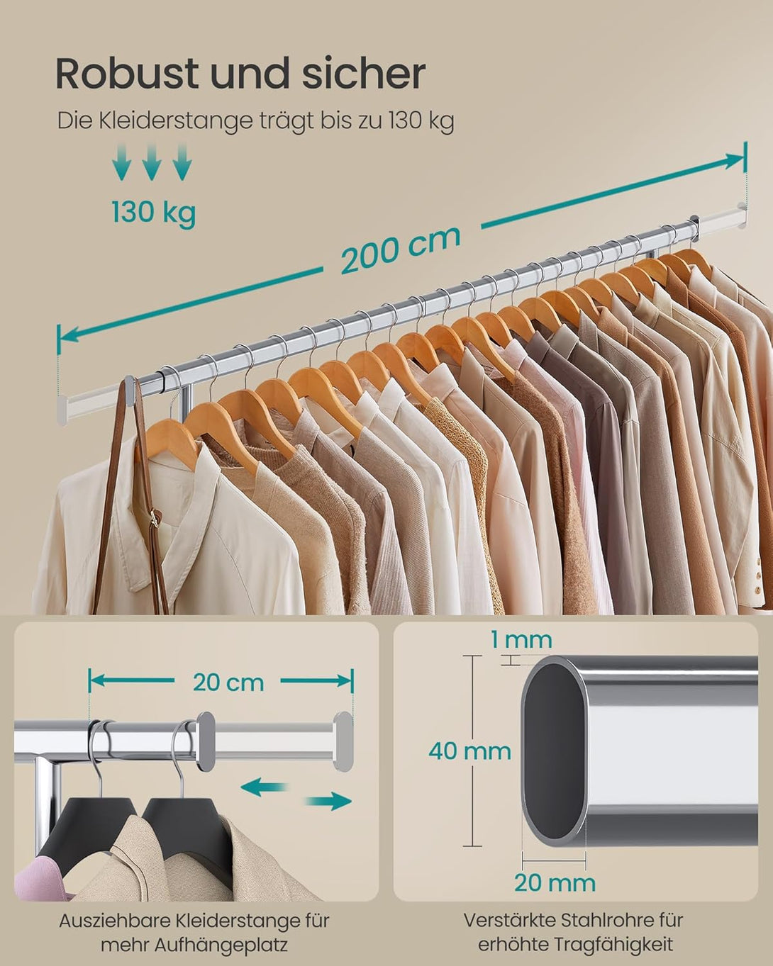 Proširivi stalak za odjeću nosivosti do 150kg, srebrne boje | SONGMICS-Vasdom.hr