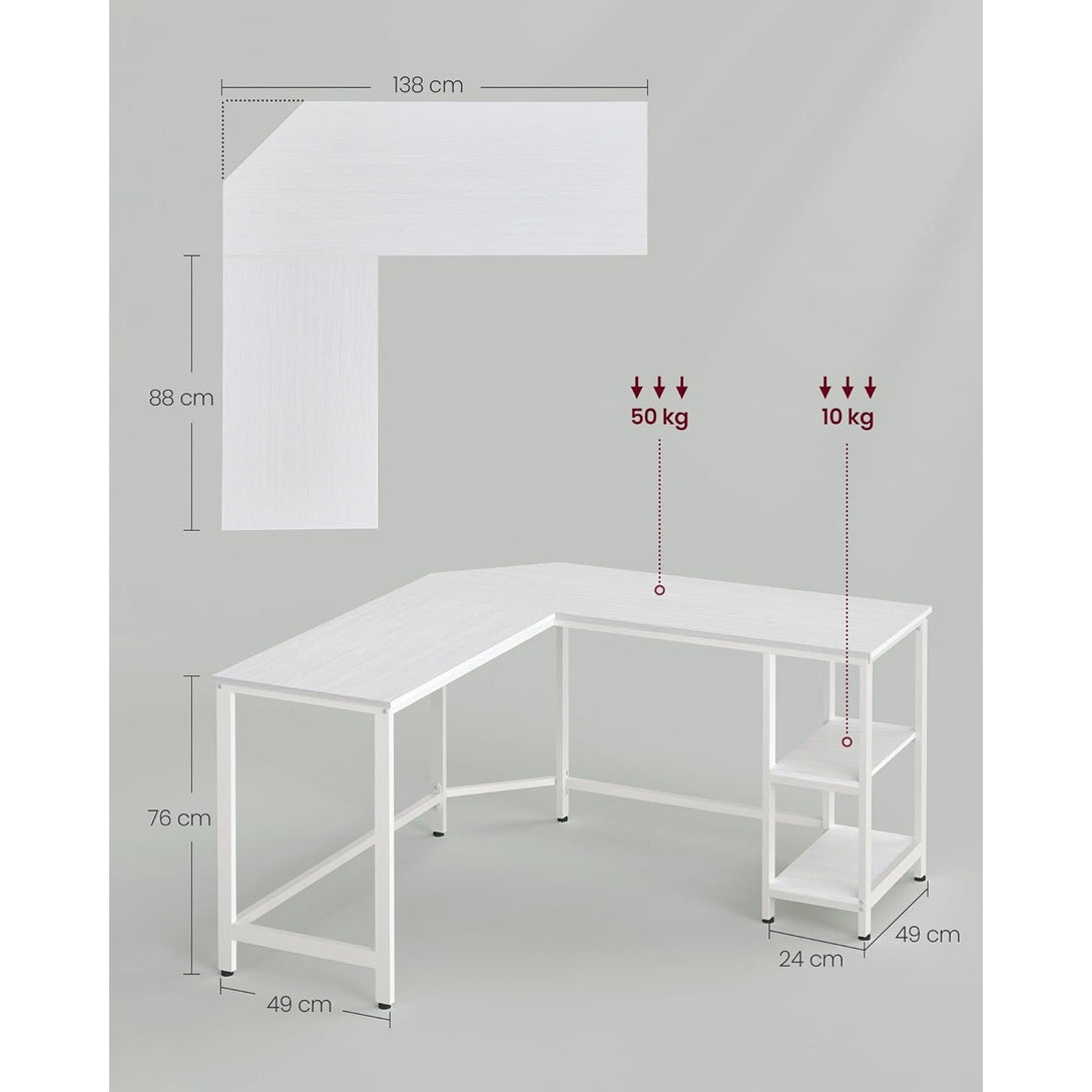 Računalni stol, kutni stol u obliku slova L, 138 x 138 x 76 cm, bijeli | VASAGLE-Vasdom.hr