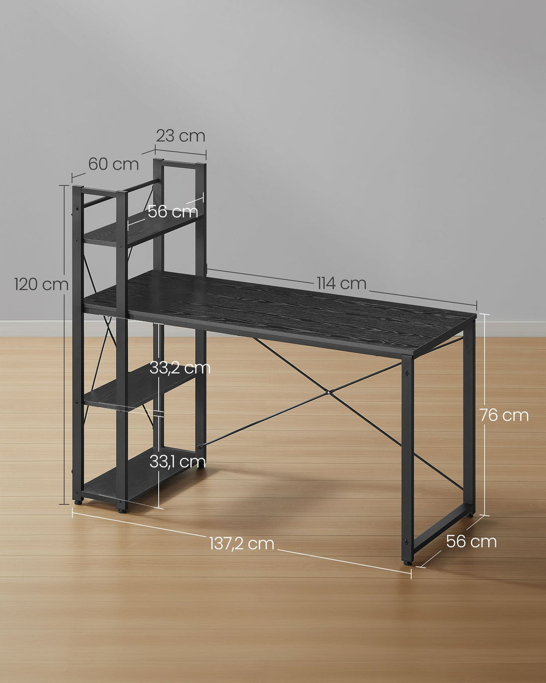 Radni stol s policama podesivim ljevo ili desno, 60 x 137,2 x 118,7 cm, crne boje | VASAGLE-Vasdom.hr