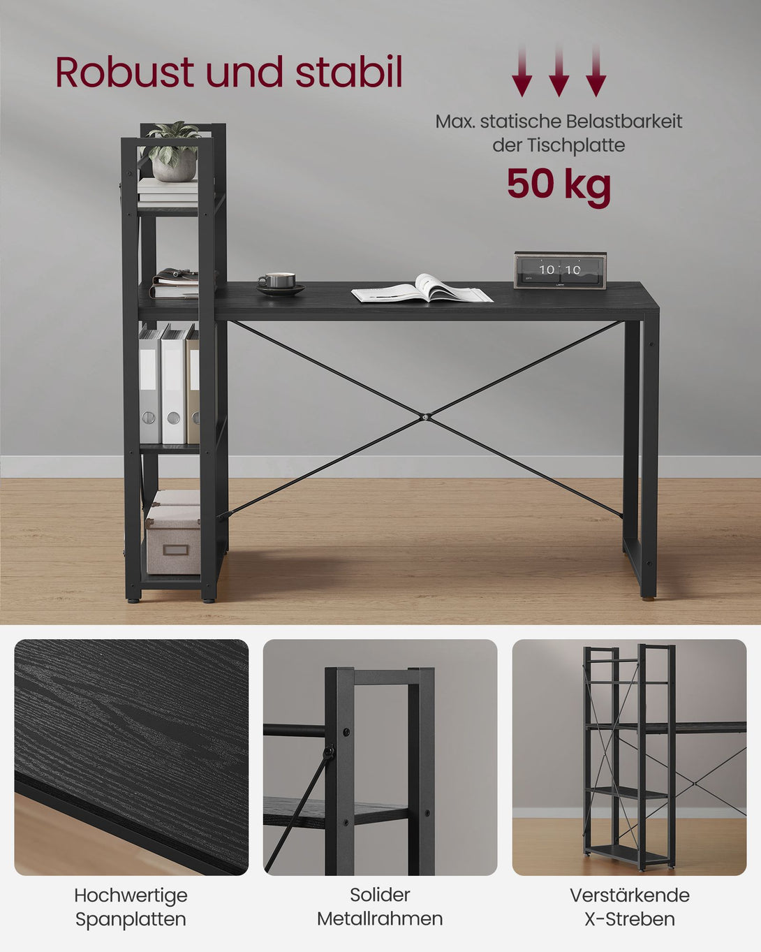 Radni stol s policama podesivim ljevo ili desno, 60 x 137,2 x 118,7 cm, crne boje | VASAGLE-Vasdom.hr