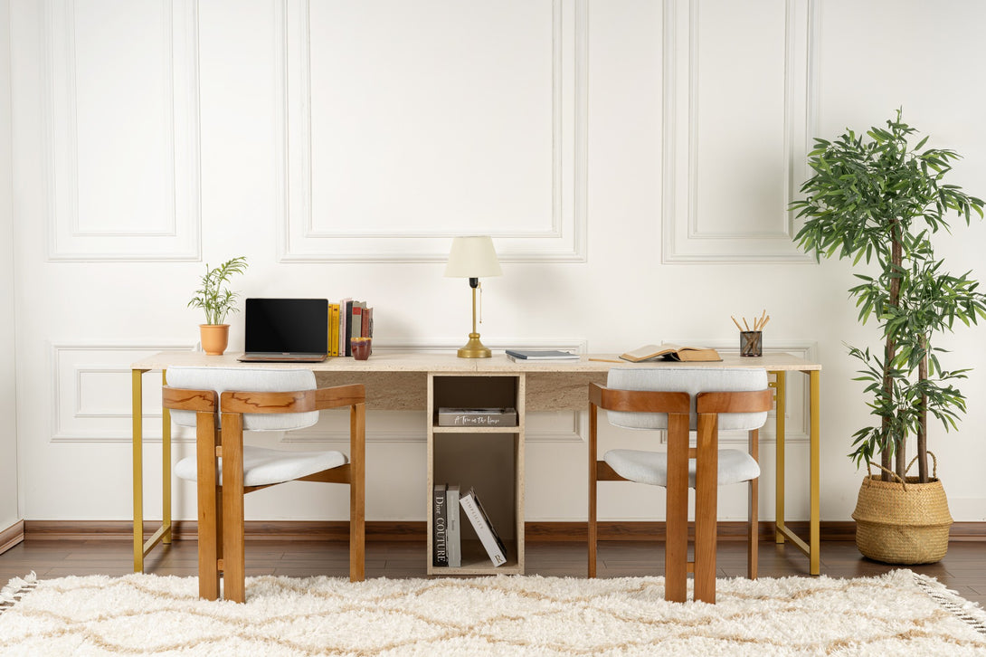 Radni stol Twin Study Desk - Travertine, Gold-Vasdom.hr