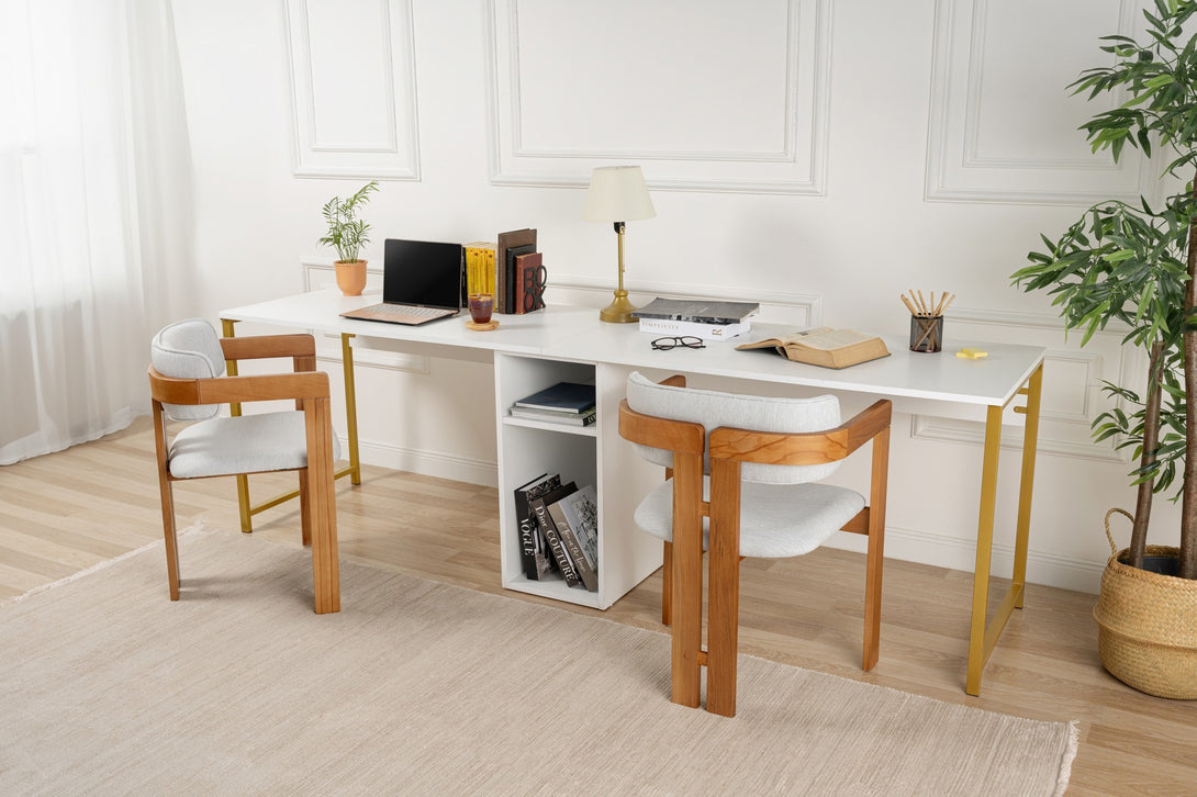 Radni stol Twin Study Desk - White, Gold-Vasdom.hr
