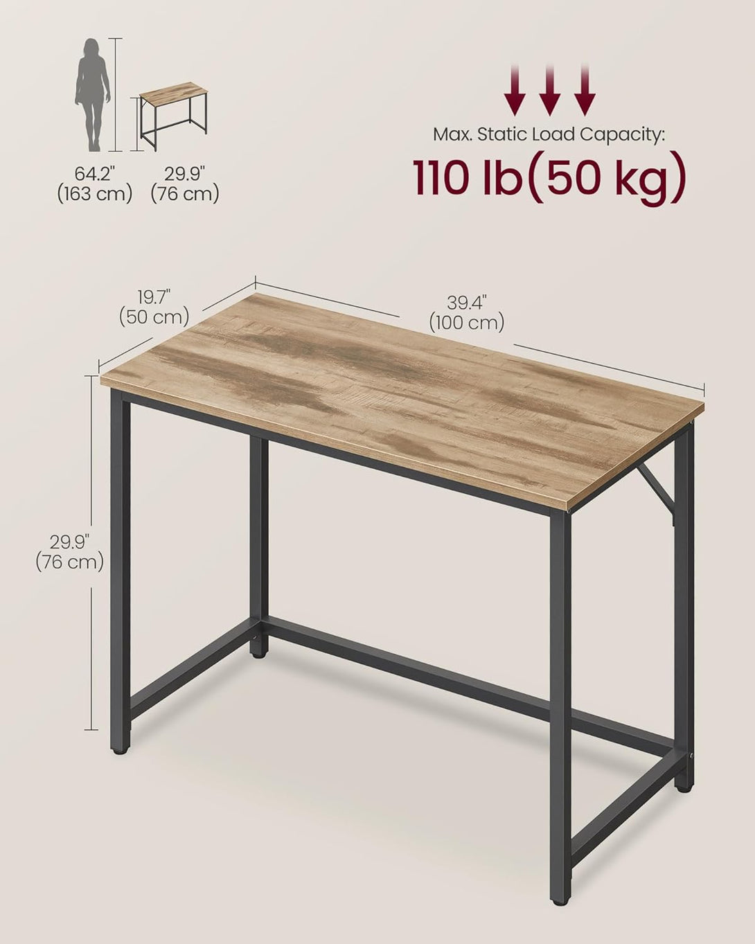 Radni stol za računalo, pisaći stol, 100 x 50 x 76 cm, smeđa i crna boja | VASAGLE-Vasdom.hr