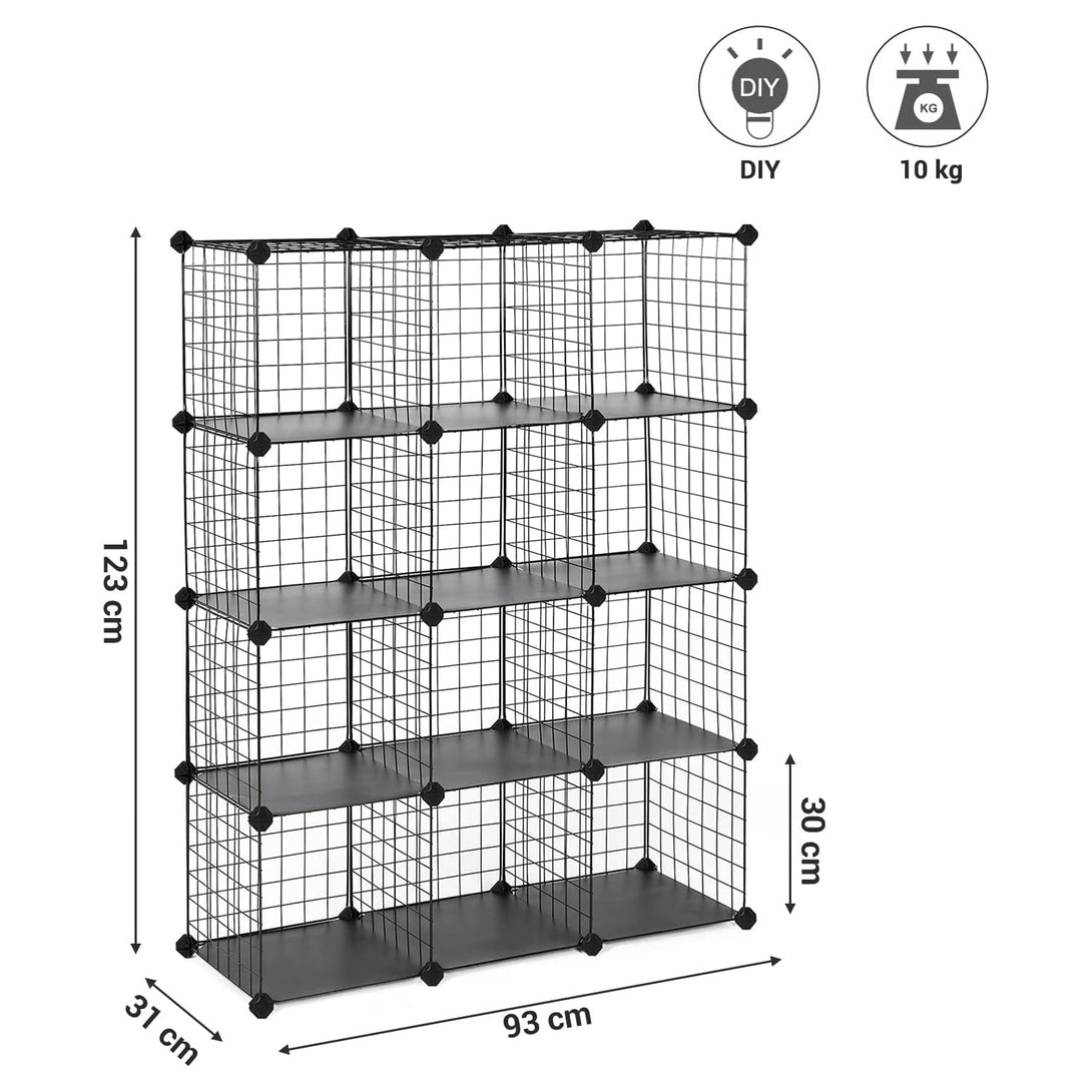 Rešetkasti stalak sa 12 kvadrata, međusobno povezana polica, crni | SONGMICS-Vasdom.hr