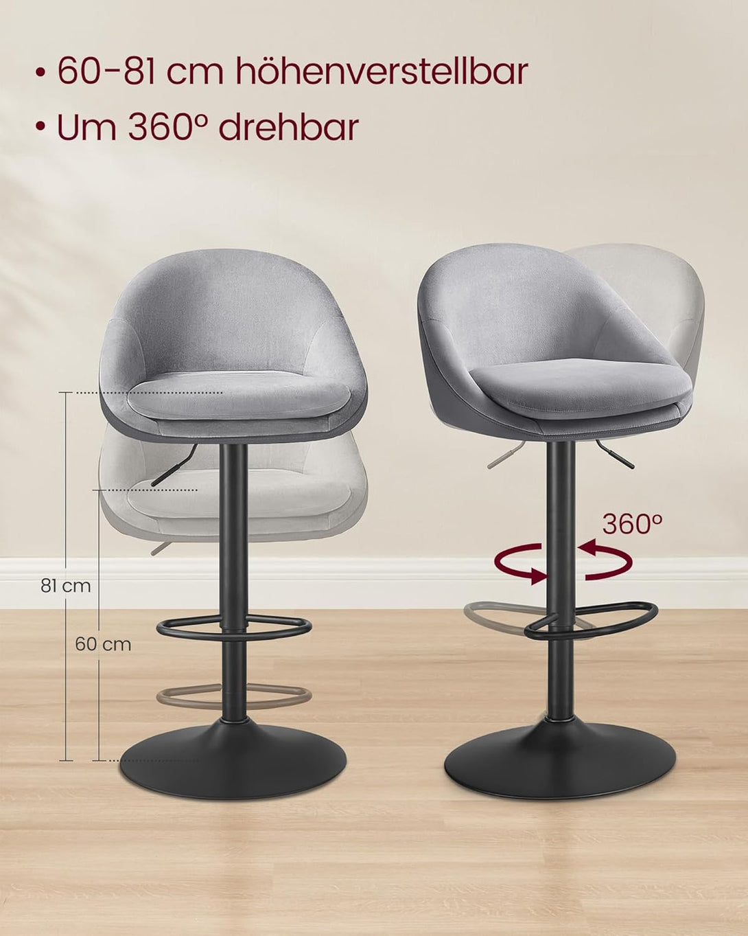 Set od 2 barska stolca podesive visine s naslonom, sive | VASAGLE-Vasdom.hr