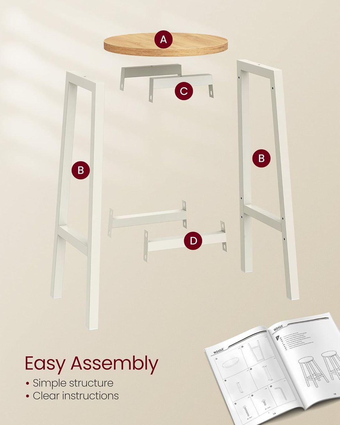 Set od 2 barske stolice, ‎32 x 32 x 65 cm, nosivosti do 100kg, bež i bijele boje | VASAGLE-Vasdom.hr