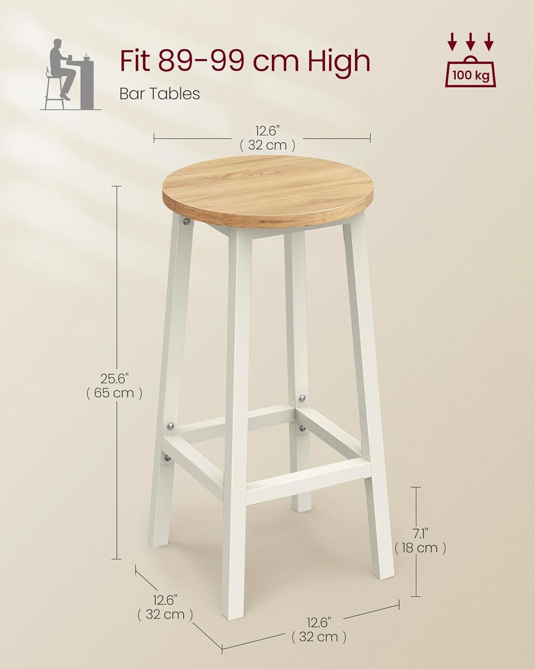 Set od 2 barske stolice, ‎32 x 32 x 65 cm, nosivosti do 100kg, bež i bijele boje | VASAGLE-Vasdom.hr