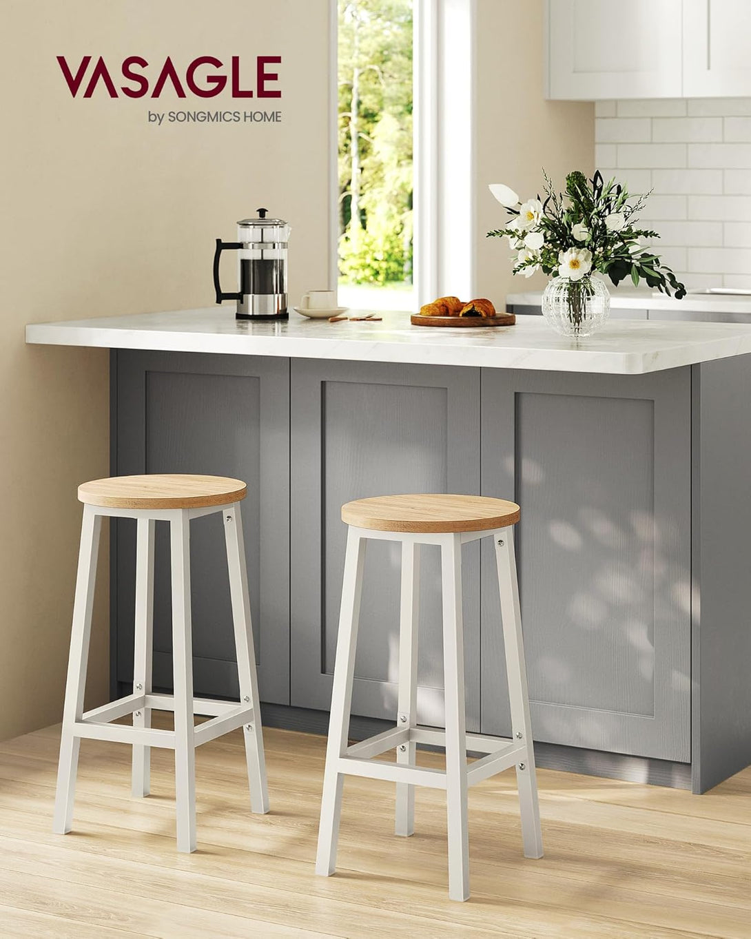 Set od 2 barske stolice, ‎32 x 32 x 65 cm, nosivosti do 100kg, bež i bijele boje | VASAGLE-Vasdom.hr