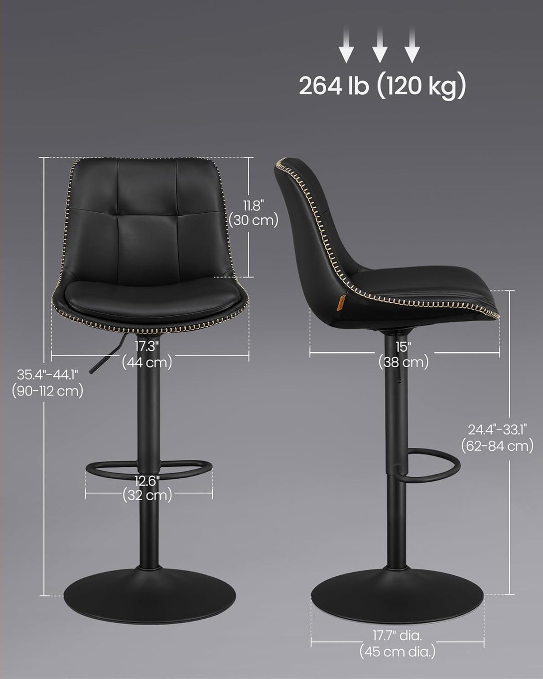 Set od 2 barske stolice, podesive visine, 44 x 48 x (90–112) cm, crne boje | VASAGLE-Vasdom.hr