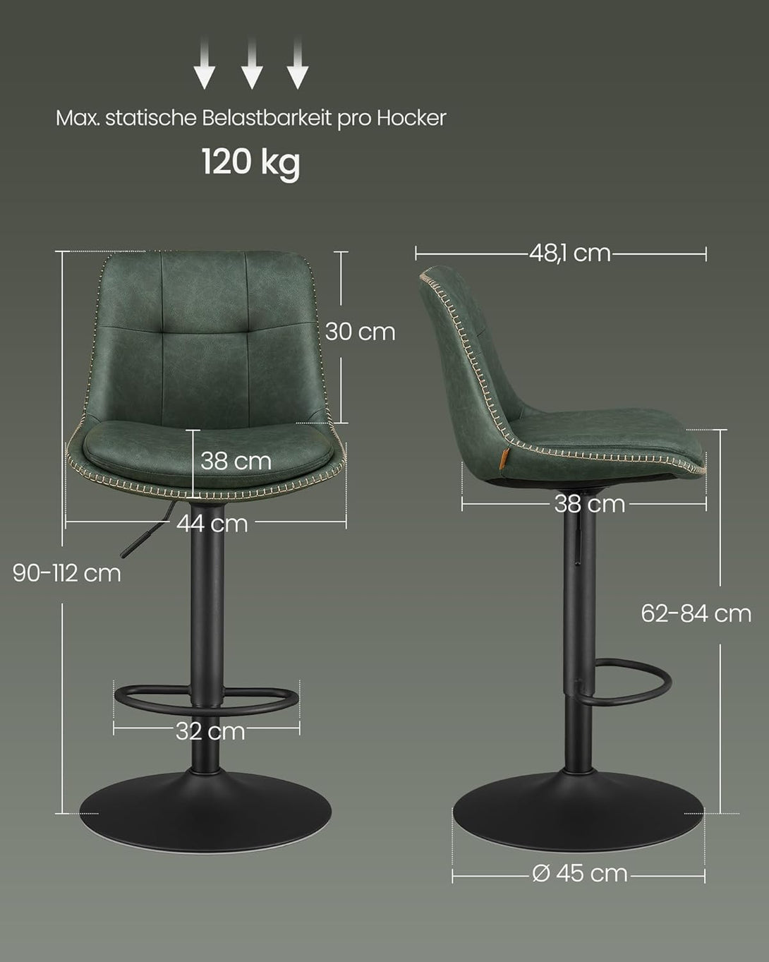 Set od 2 barske stolice sa naslonom, 44 x 48 x (90-112) cm, šumsko zelena | VASAGLE-Vasdom.hr