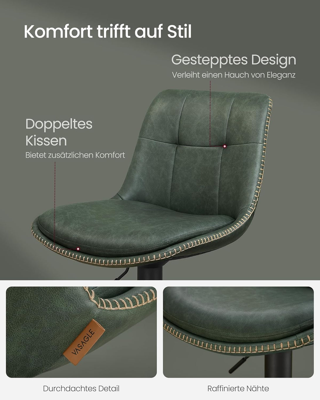 Set od 2 barske stolice sa naslonom, 44 x 48 x (90-112) cm, šumsko zelena | VASAGLE-Vasdom.hr