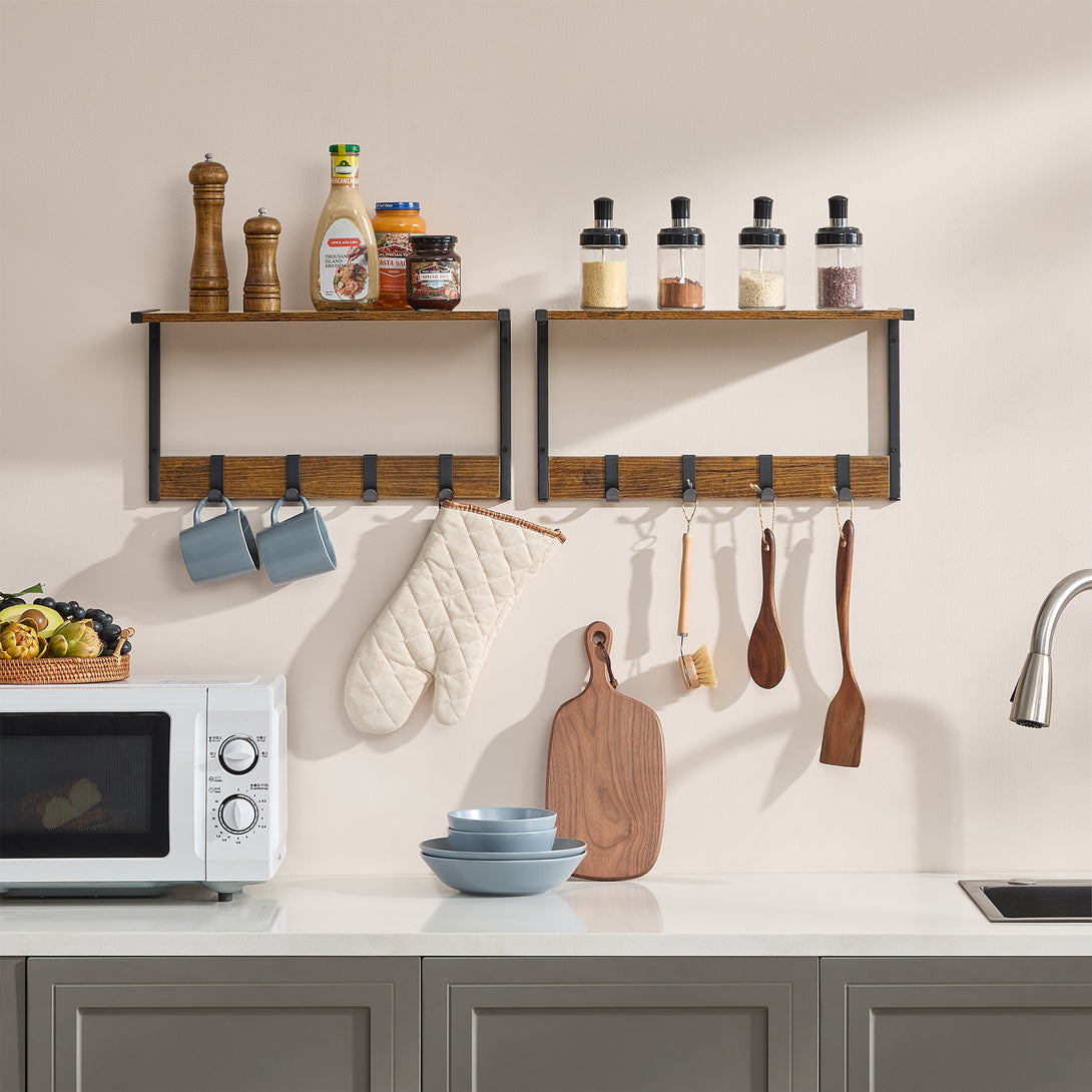 Set od 2 zidne police s ukonjivim kukicama, rustikalno smeđe boje | VASAGLE-Vasdom.hr
