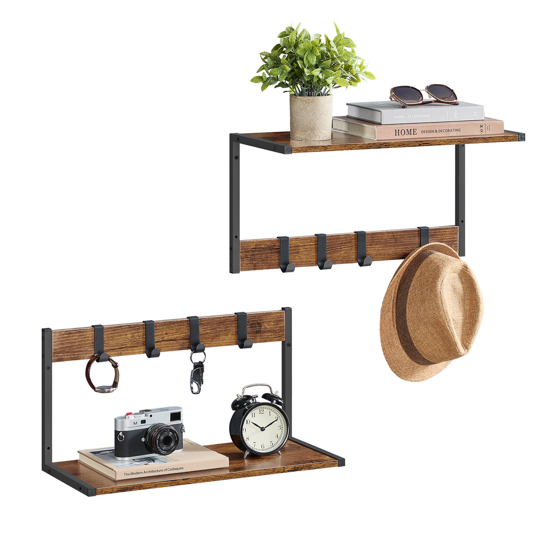 Set od 2 zidne police s ukonjivim kukicama, rustikalno smeđe boje | VASAGLE-Vasdom.hr