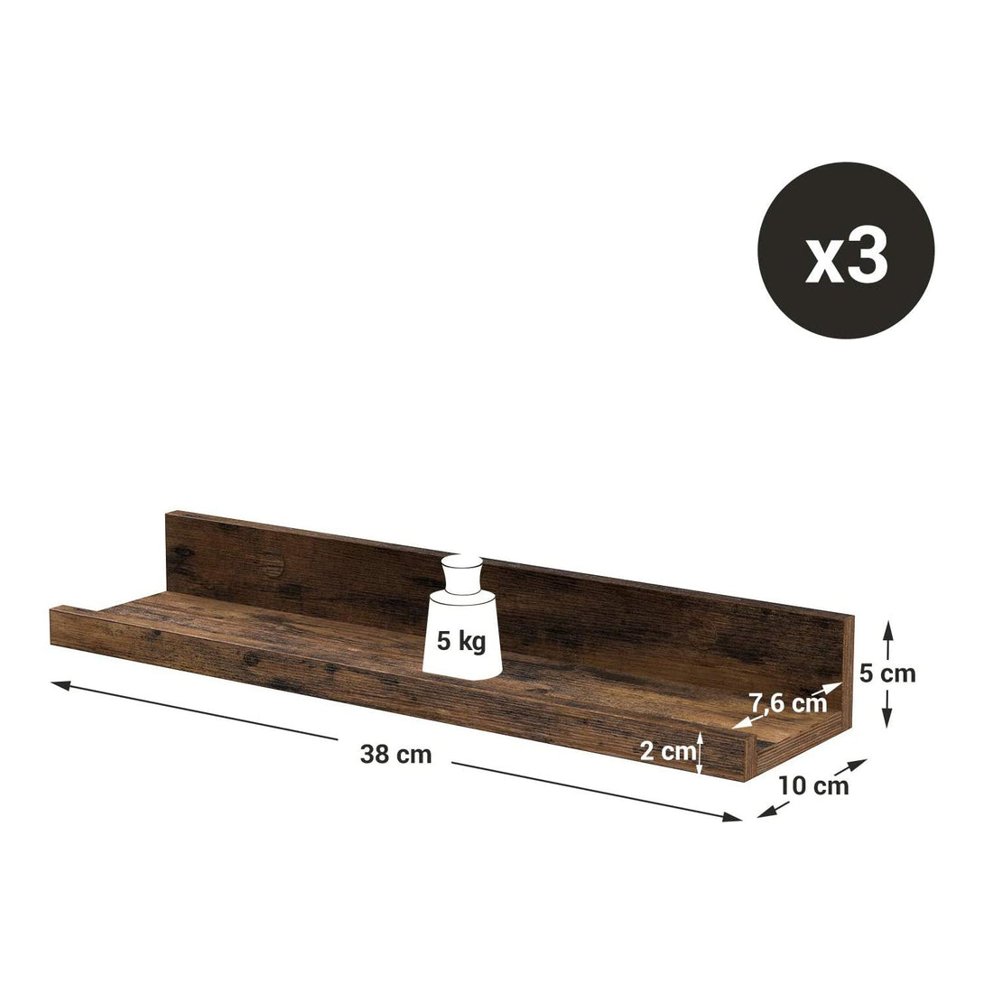 Set od 3 zidne police s povišenim prednjim rubom, 38 x 10 x 5/2 cm, smeđe | VASAGLE-Vasdom.hr