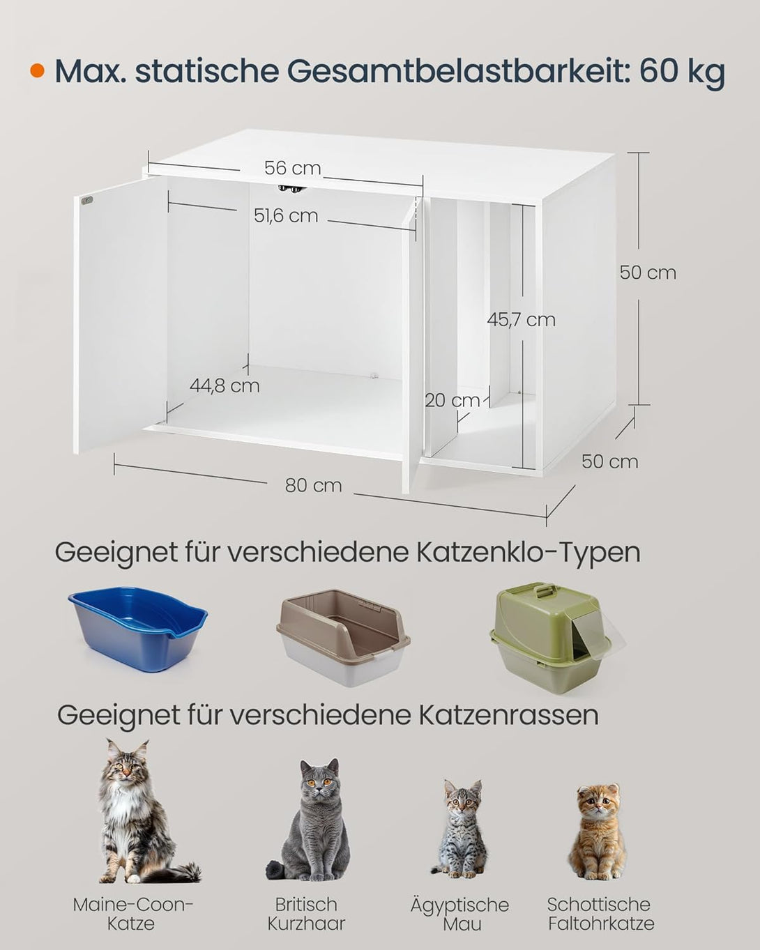 Skriveni WC za mačke, kućica za mačke, 80 x 50 x 50 cm, bijela | SONGMICS-Vasdom.hr