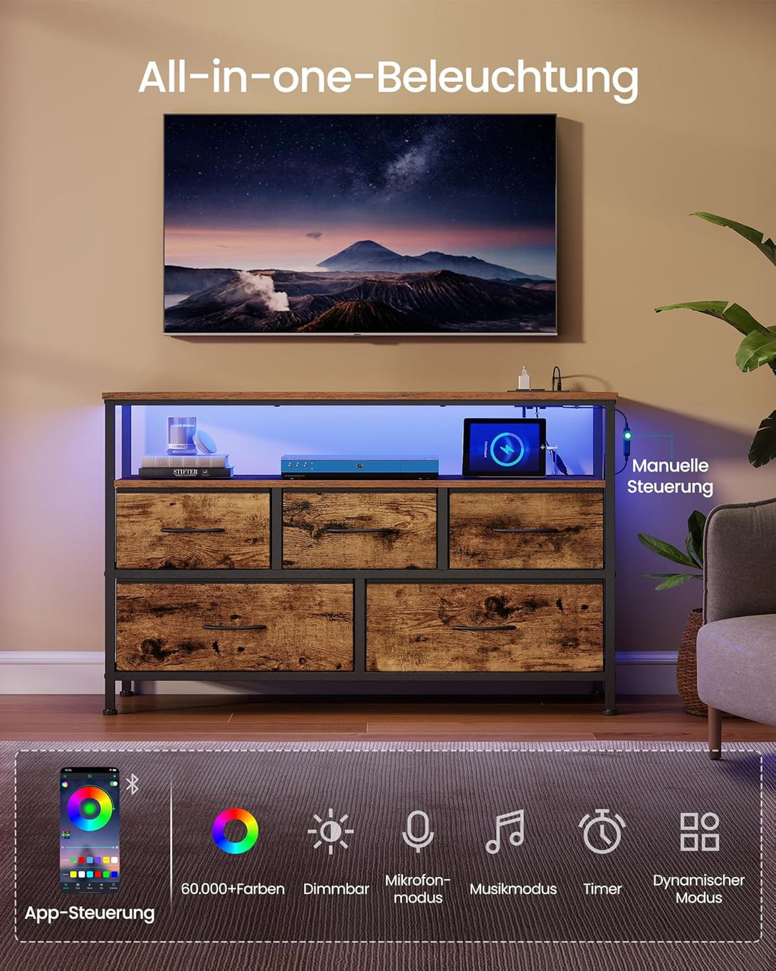 SONGMICS komoda, TV stalak, upravljivo LED osvjetljenje, vintage smeđa ...