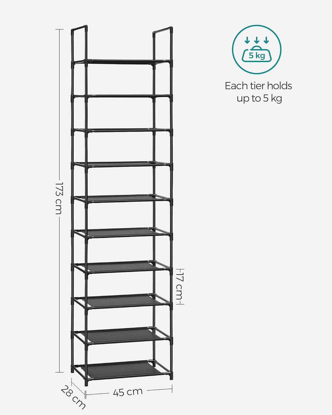 Stalak za cipele s 10 razina, 45 x 28 x 173 cm, crne boje | SONGMICS-Vasdom.hr