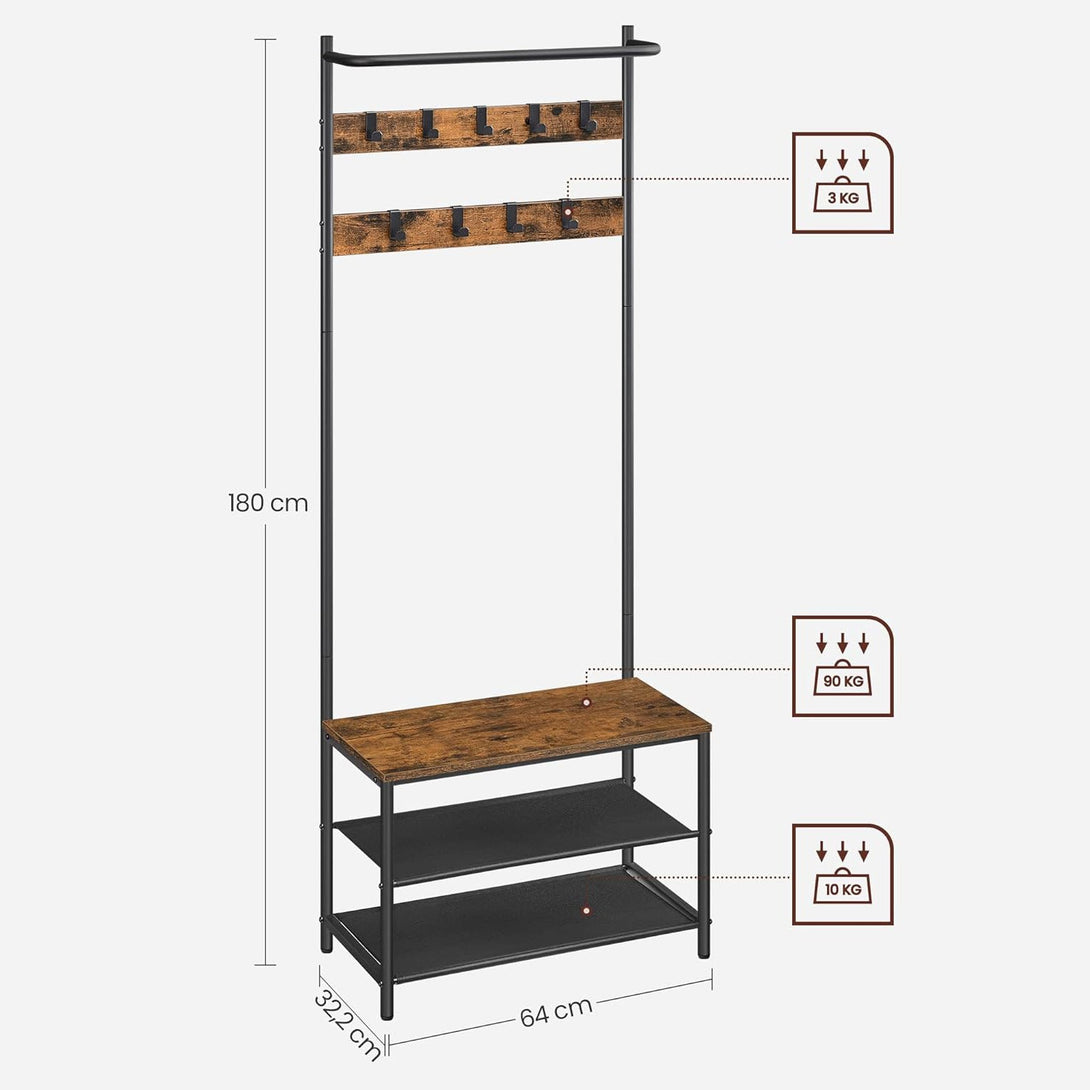 Stalak za kapute s klupom i 2 police za cipele, 32,2x64x180 cm, smedje crni | VASAGLE-Vasdom.hr