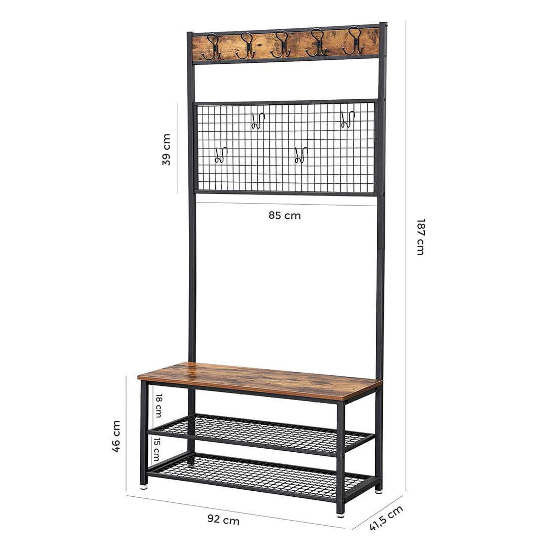 Stalak za kapute s klupom i dvije police za cipele, 92x41,5x187 cm, smeđe-crni | VASAGLE-Vasdom.hr