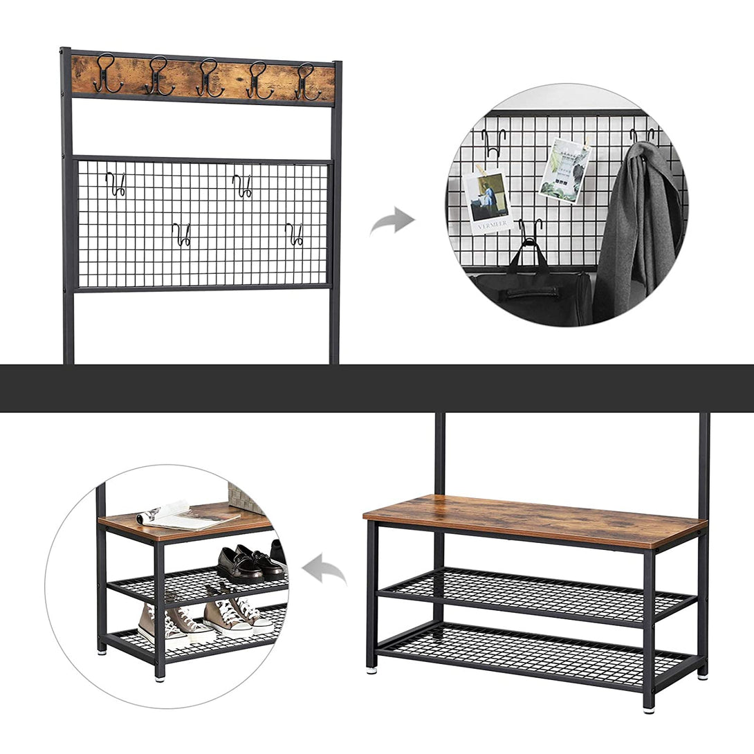 Stalak za kapute s klupom i dvije police za cipele, 92x41,5x187 cm, smeđe-crni | VASAGLE-Vasdom.hr