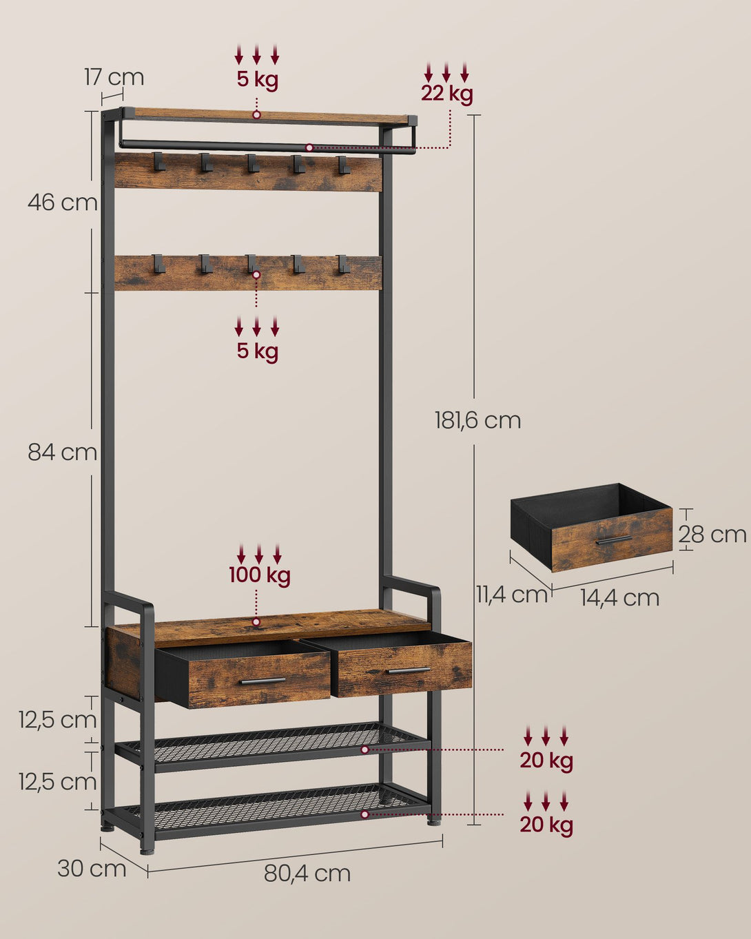Stalak za kapute s klupom za obuvanje, 30 x 80,4 x 181,6 cm, smeđe crni | VASAGLE-Vasdom.hr