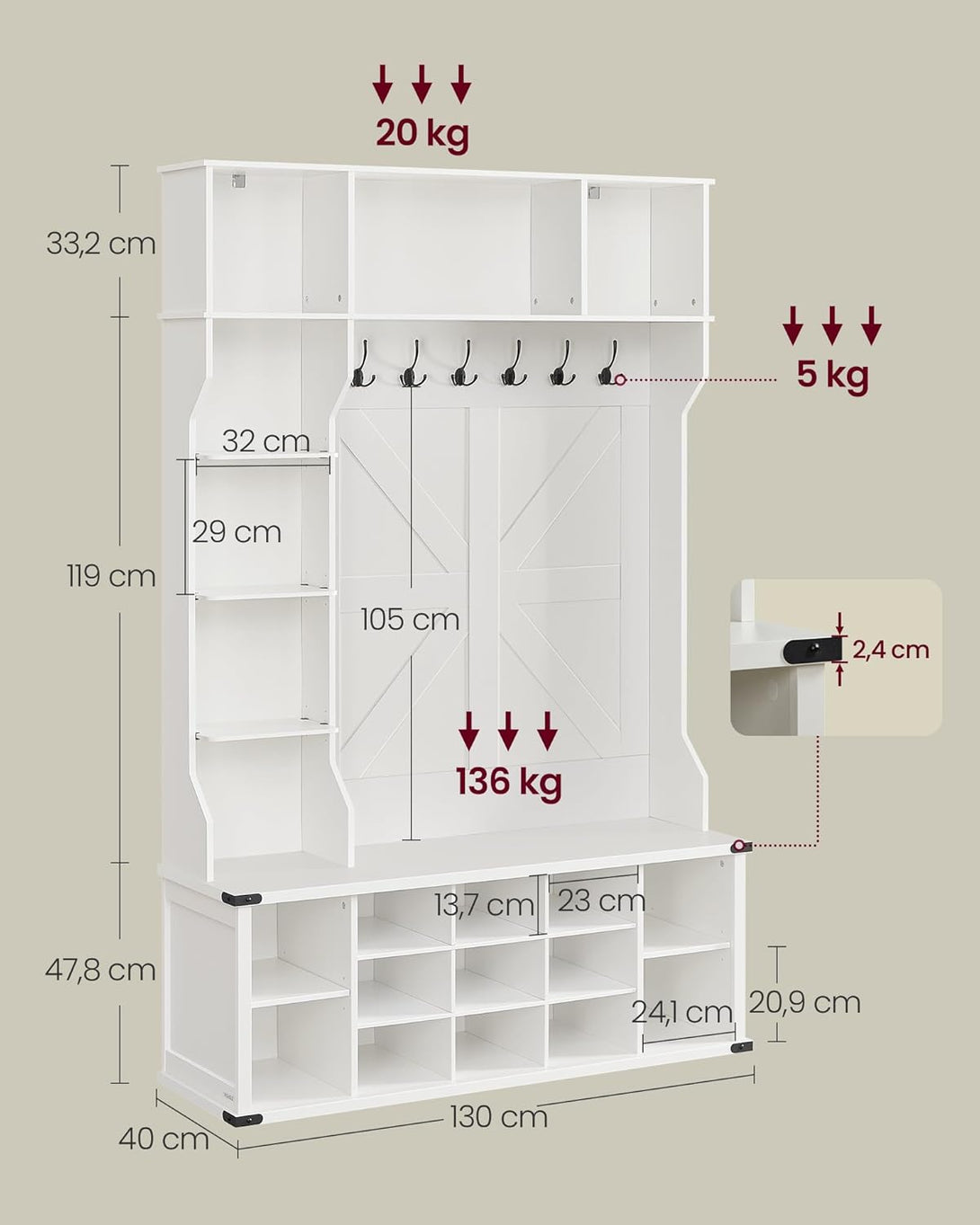 Stalak za kapute s policom za obuću, 40 x 130 x 200 cm, bijele boje | VASAGLE-Vasdom.hr