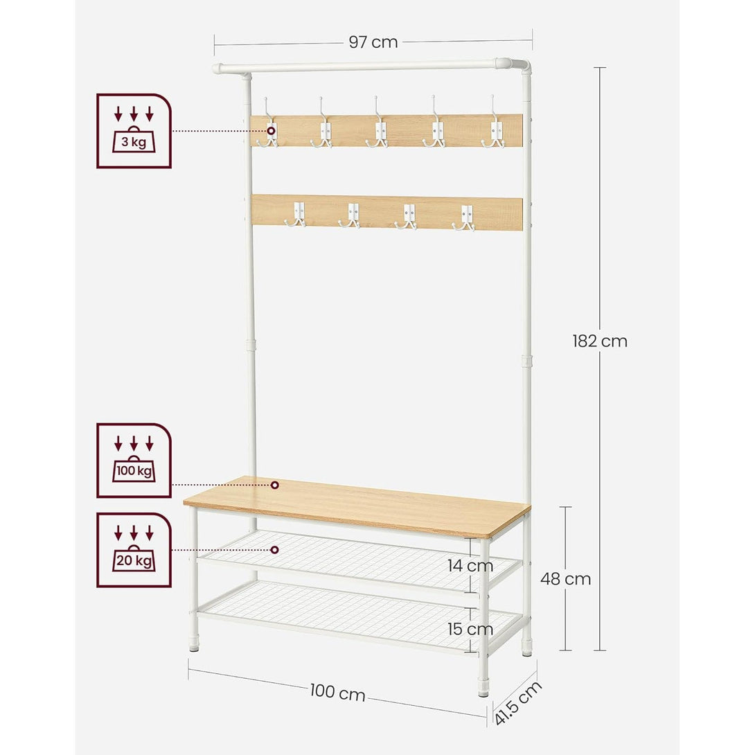 Stalak za kapute s prostorom za cipele, 41,5 x 100 x 182 cm, hrast i bijela boja | VASAGLE-Vasdom.hr