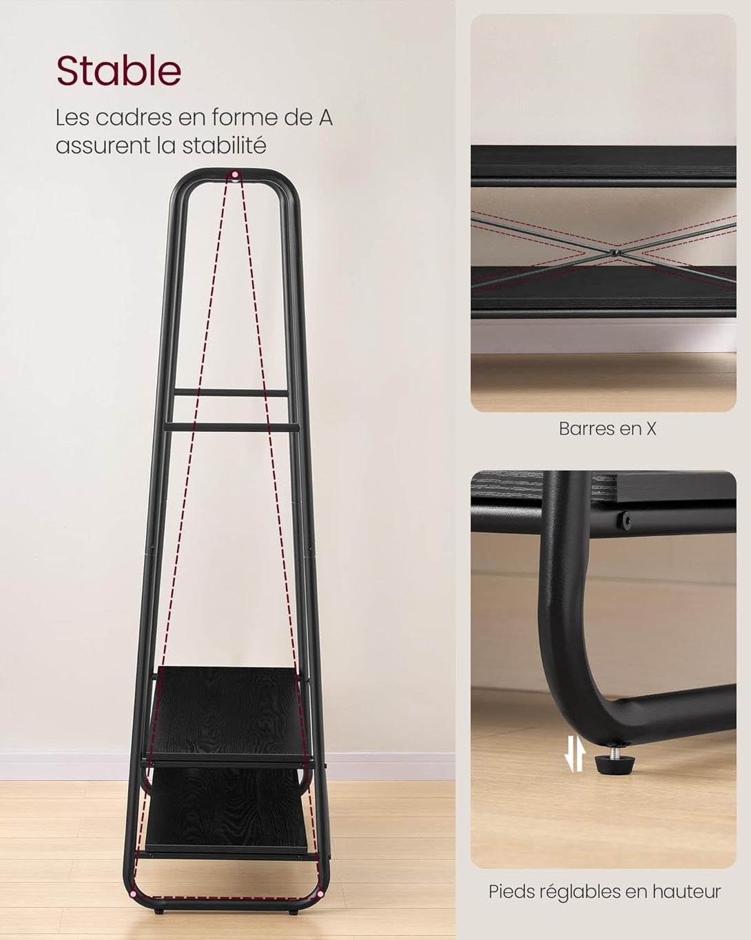 Stalak za odjeću i kapute s 2 police, 45 x 100 x 160 cm , crne boje | VASAGLE-Vasdom.hr