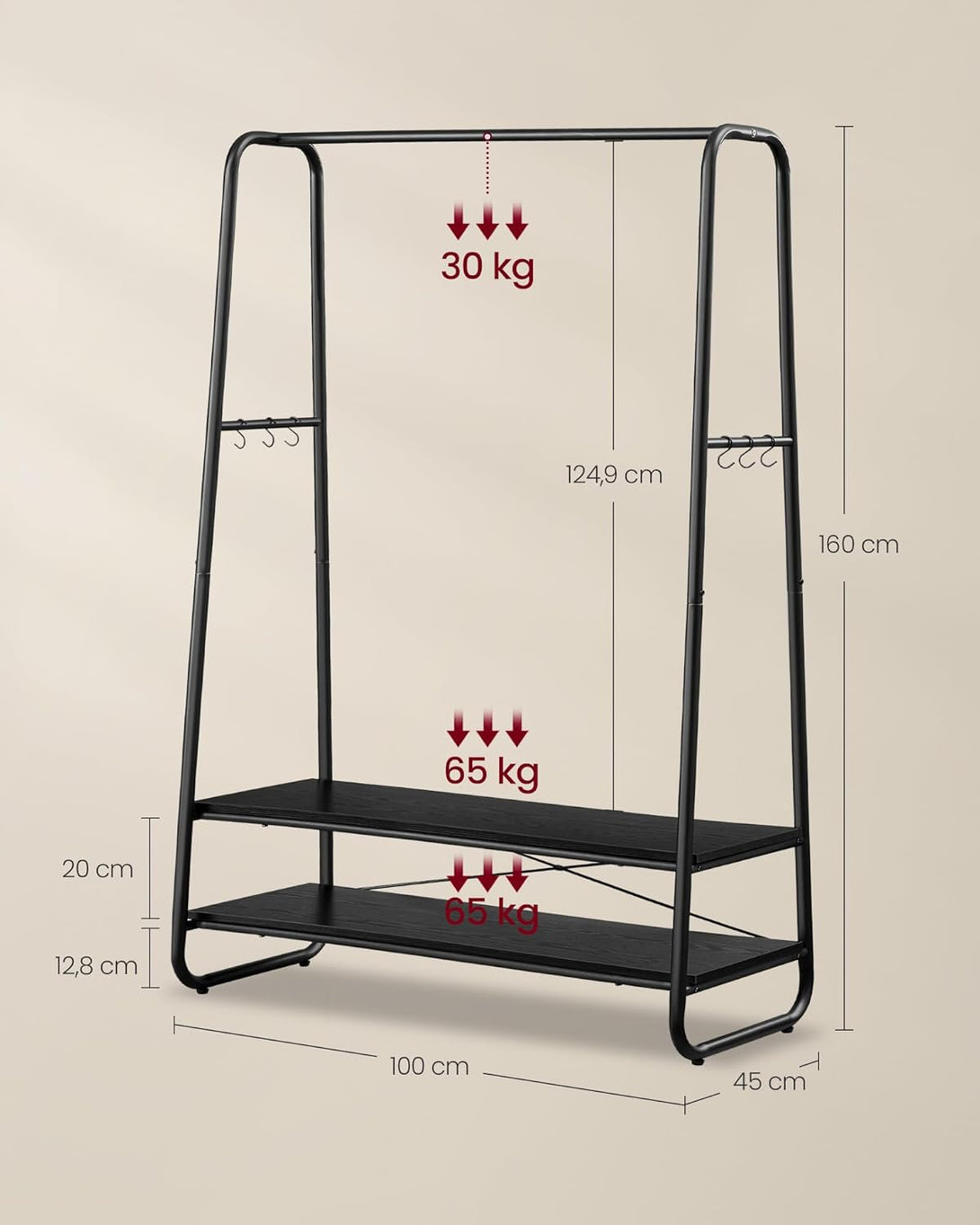 Stalak za odjeću i kapute s 2 police, 45 x 100 x 160 cm , crne boje | VASAGLE-Vasdom.hr
