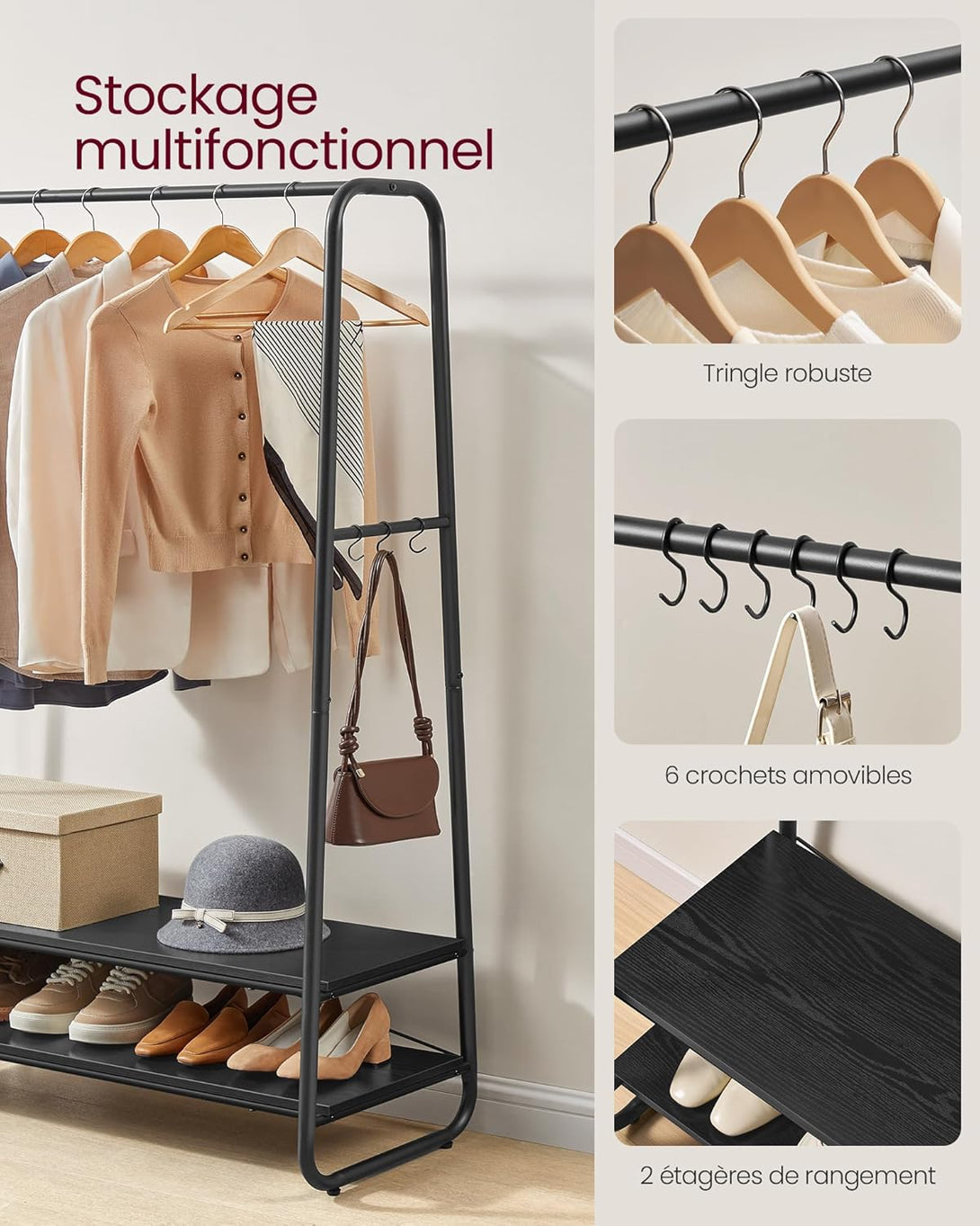 Stalak za odjeću i kapute s 2 police, 45 x 100 x 160 cm , crne boje | VASAGLE-Vasdom.hr