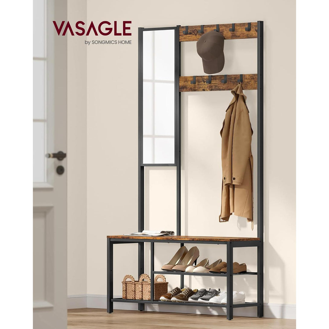 Stalak za odjeću s kukama i zrcalom, 36 x 98 x 185 cm, vintage smeđe-crni | VASAGLE-Vasdom.hr
