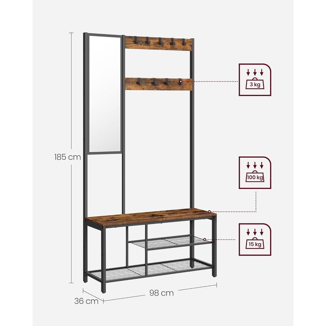 Stalak za odjeću s kukama i zrcalom, 36 x 98 x 185 cm, vintage smeđe-crni | VASAGLE-Vasdom.hr