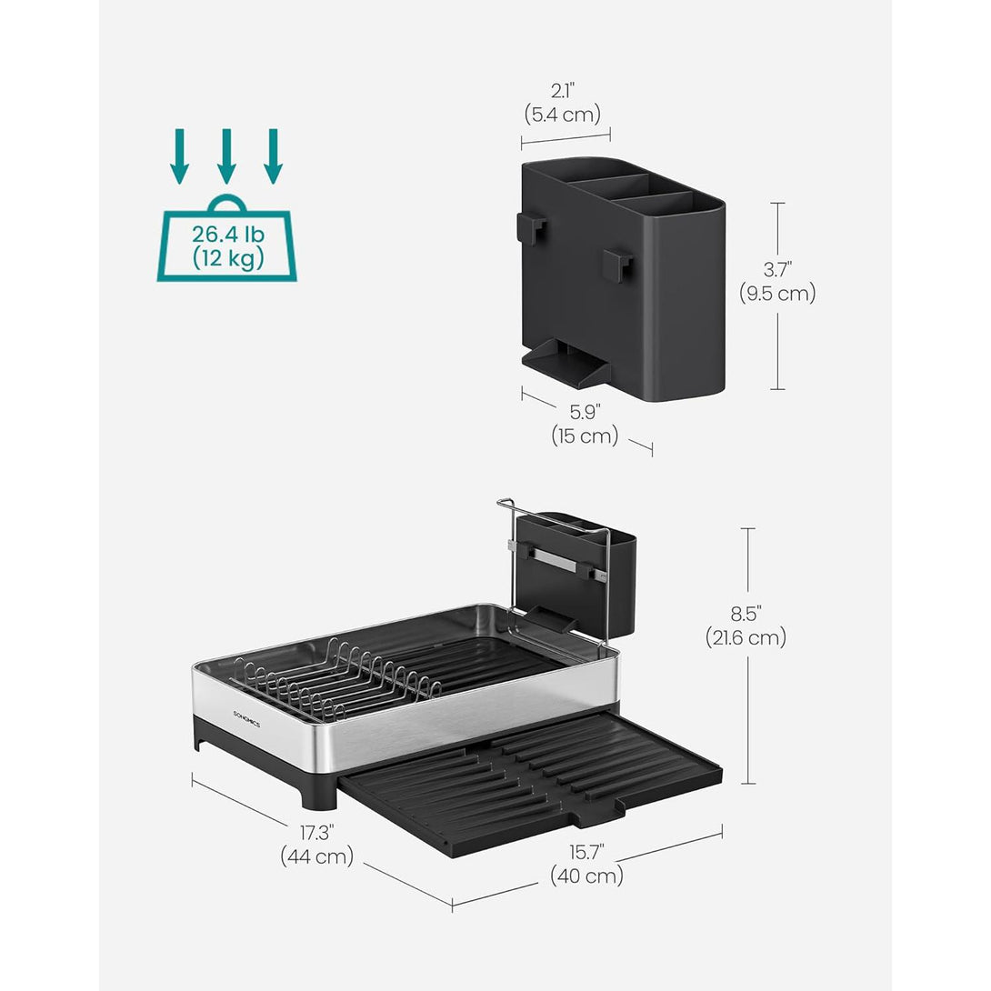 Stalak za sušenje posuđa s držačem za pribor, nehrđajući čelik, srebrno-crni | SONGMICS-Vasdom.hr