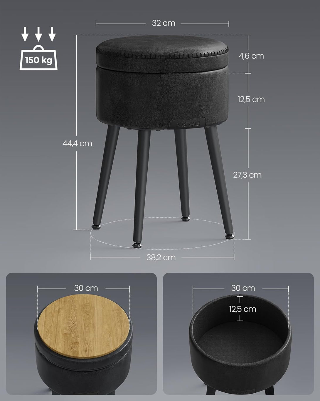 Tabure za pohranu od umjetne kože, 38,2 x 44,4 cm, crni | VASAGLE-Vasdom.hr