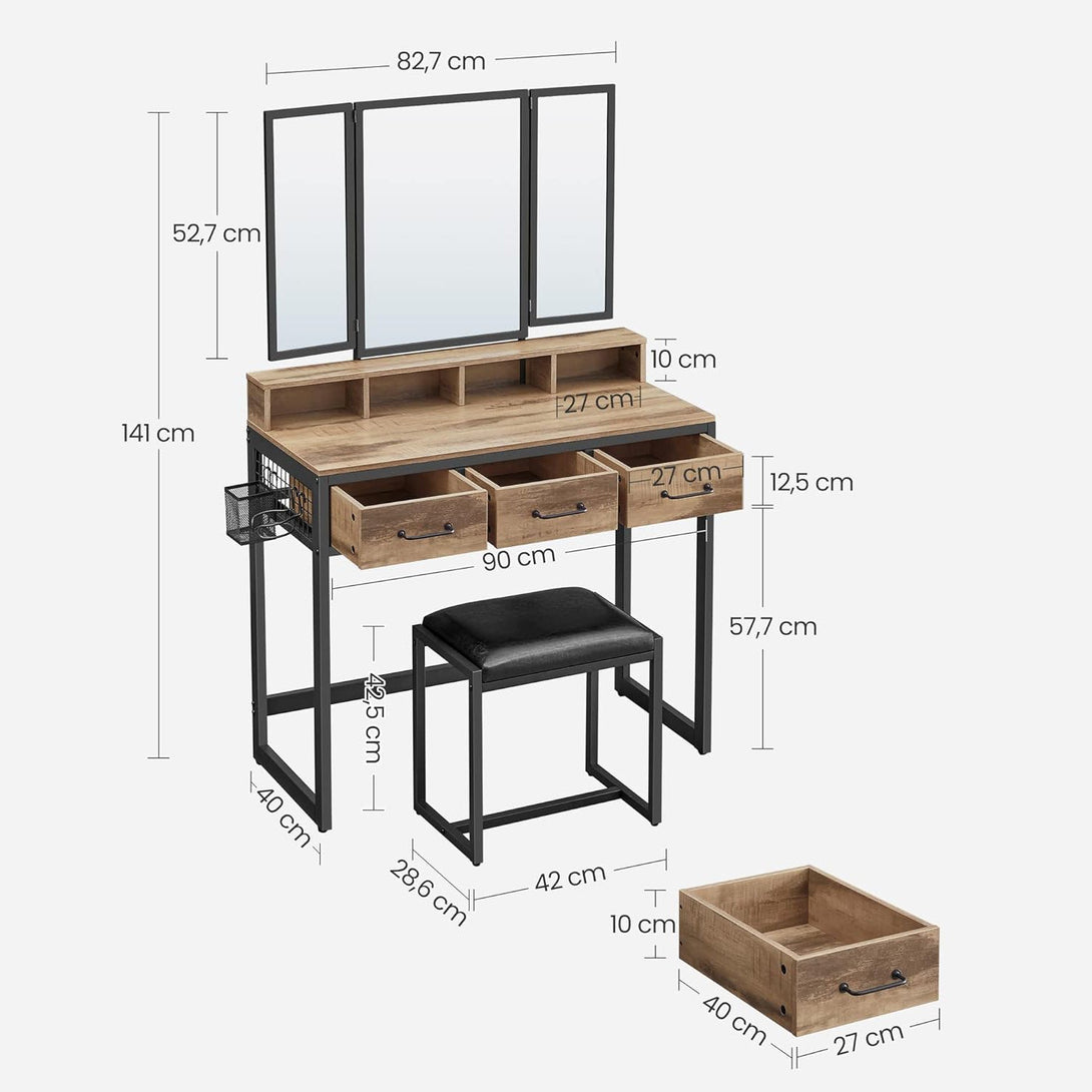 Toaletni stolić s podstavljenom stolicom, ogledalom, 3 ladice, smeđe-crni | VASAGLE-Vasdom.hr