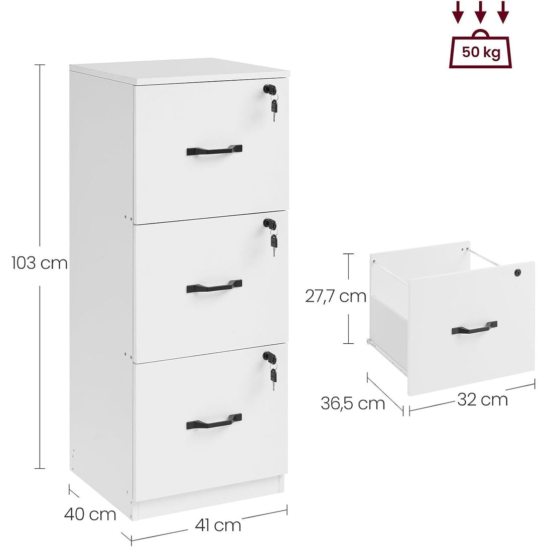 Uredski ormarić s bravom i 3 ladice, 40 x 41 x 103 cm, bijeli | VASAGLE-Vasdom.hr