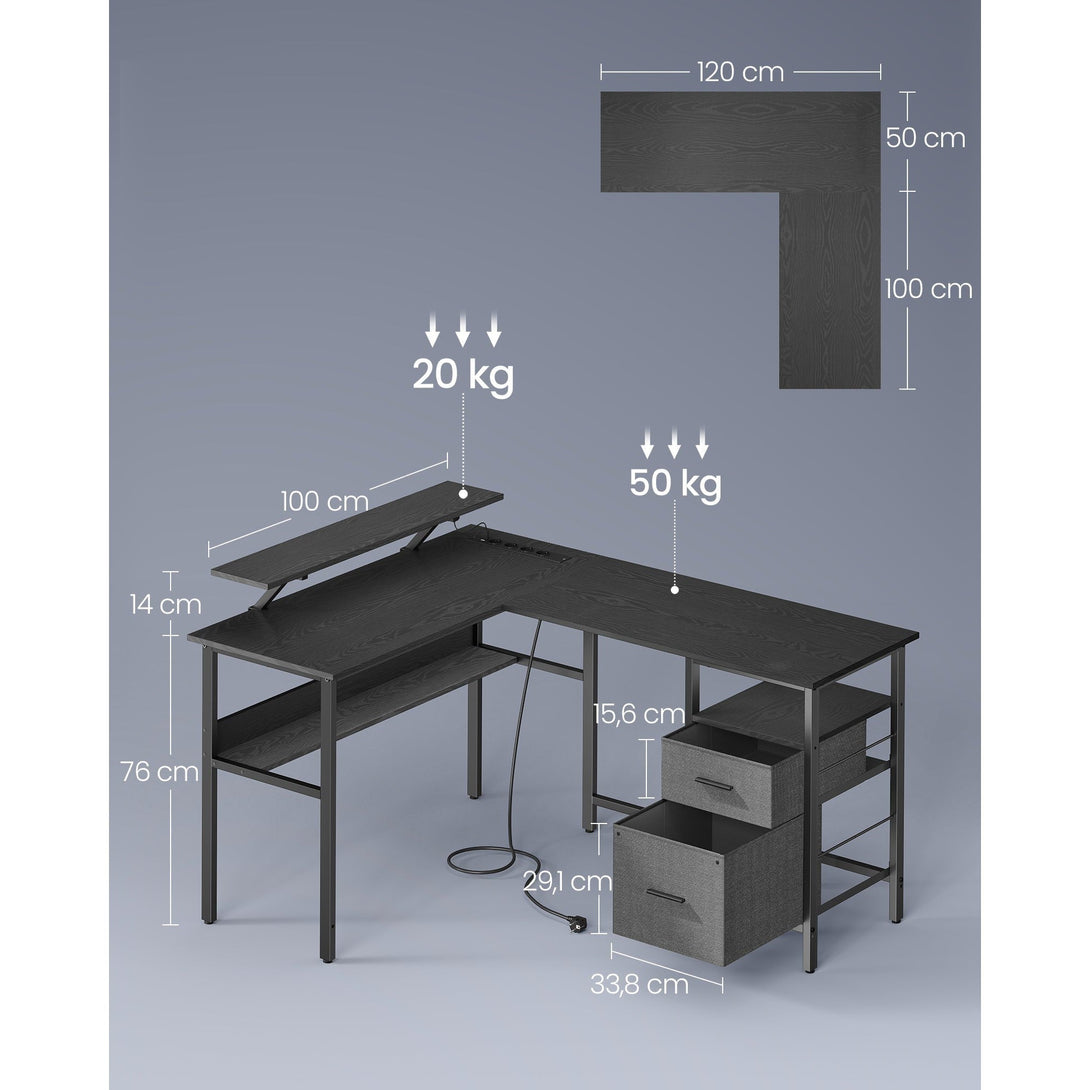 Uredski stol u obliku slova L s utičnicama, LED rasvjetom, 150x120x76 cm, crni | VASAGLE-Vasdom.hr