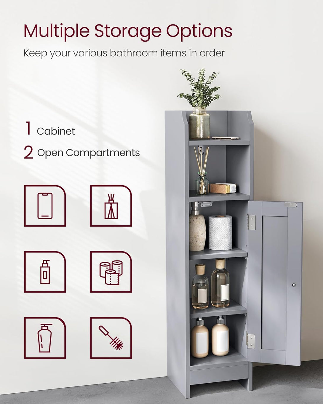 Uski kupaonski ormarić, 20 x 18 x 80 cm, sive boje | VASAGLE-Vasdom.hr