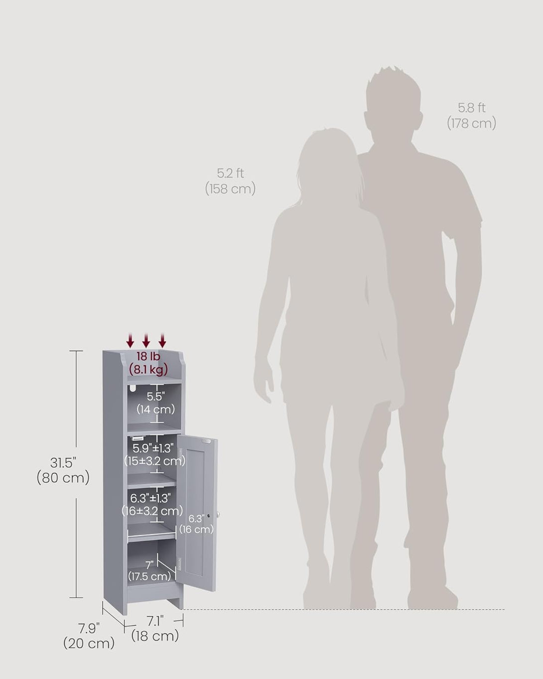 Uski kupaonski ormarić, 20 x 18 x 80 cm, sive boje | VASAGLE-Vasdom.hr
