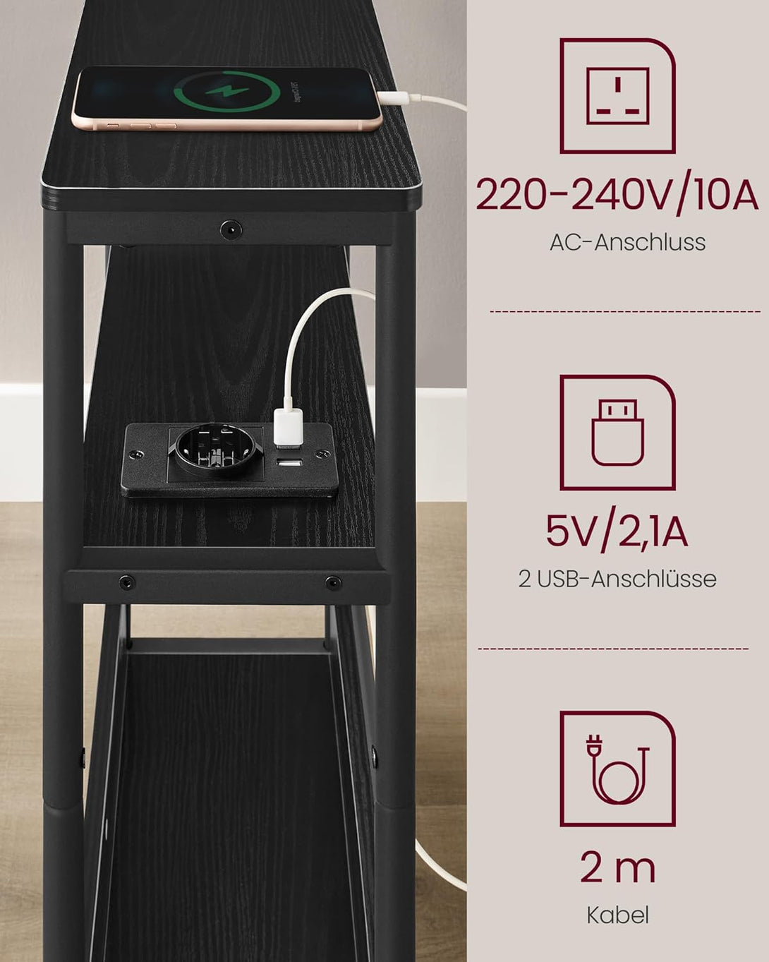 Uski pomoćni stolić s funkcijom punjenja, 18 x 45 x 58 cm, crni | VASAGLE-Vasdom.hr
