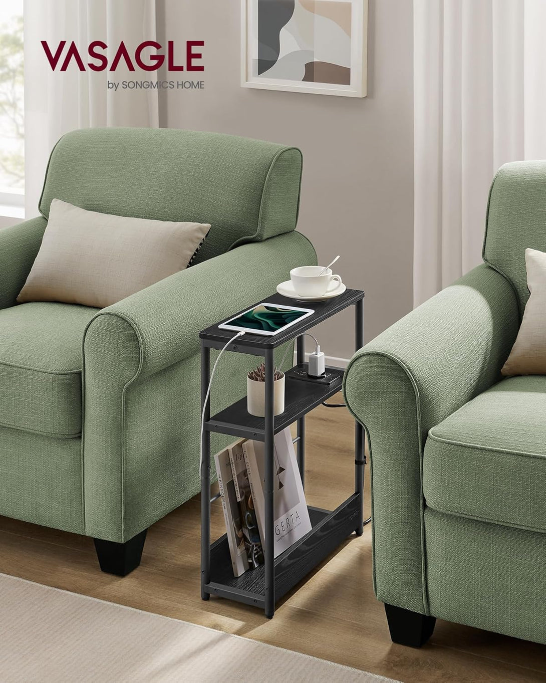 Uski pomoćni stolić s funkcijom punjenja, 18 x 45 x 58 cm, crni | VASAGLE-Vasdom.hr