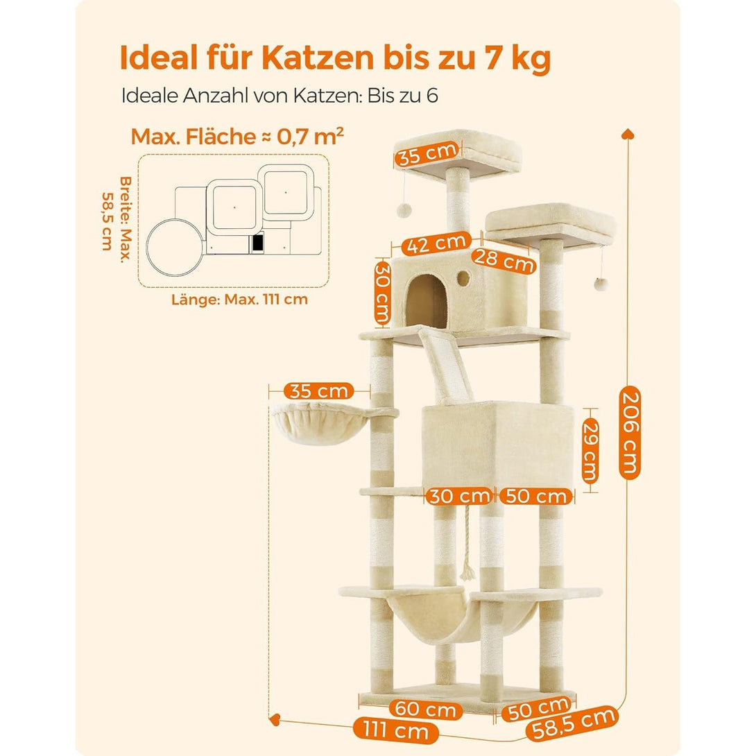 Veliki mačji toranj s kućicama, ležaljkama, grebalicama, visine 206 cm, bež | FEANDREA-Vasdom.hr