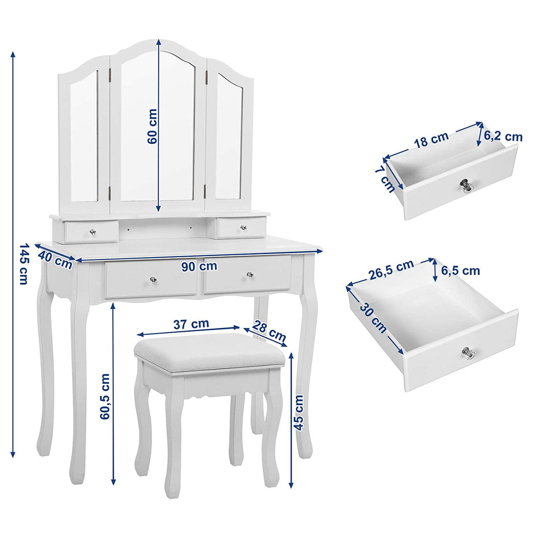 Veliki toaletni stolić, stolić za šminkanje s 3 ogledala i stolicom, bijeli | SONGMICS-Vasdom.hr