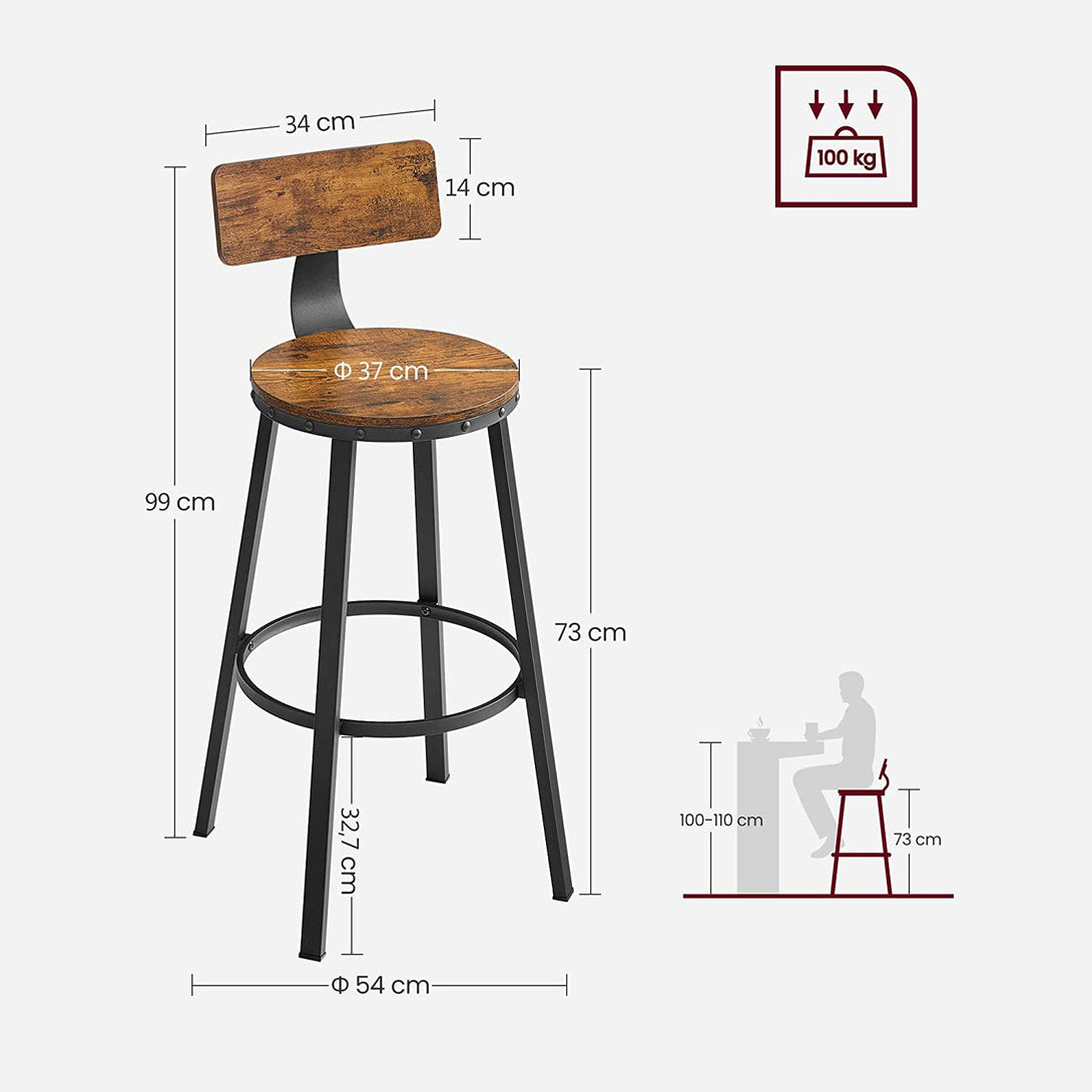 Visoki barski stolac s naslonom, sjedalo visine 73,2 cm, set od 2 | VASAGLE-Vasdom.hr