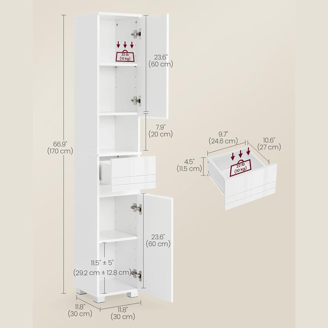 Visoki, uski kupaonski ormarić, podesive police, bijele boje | VASAGLE-Vasdom.hr